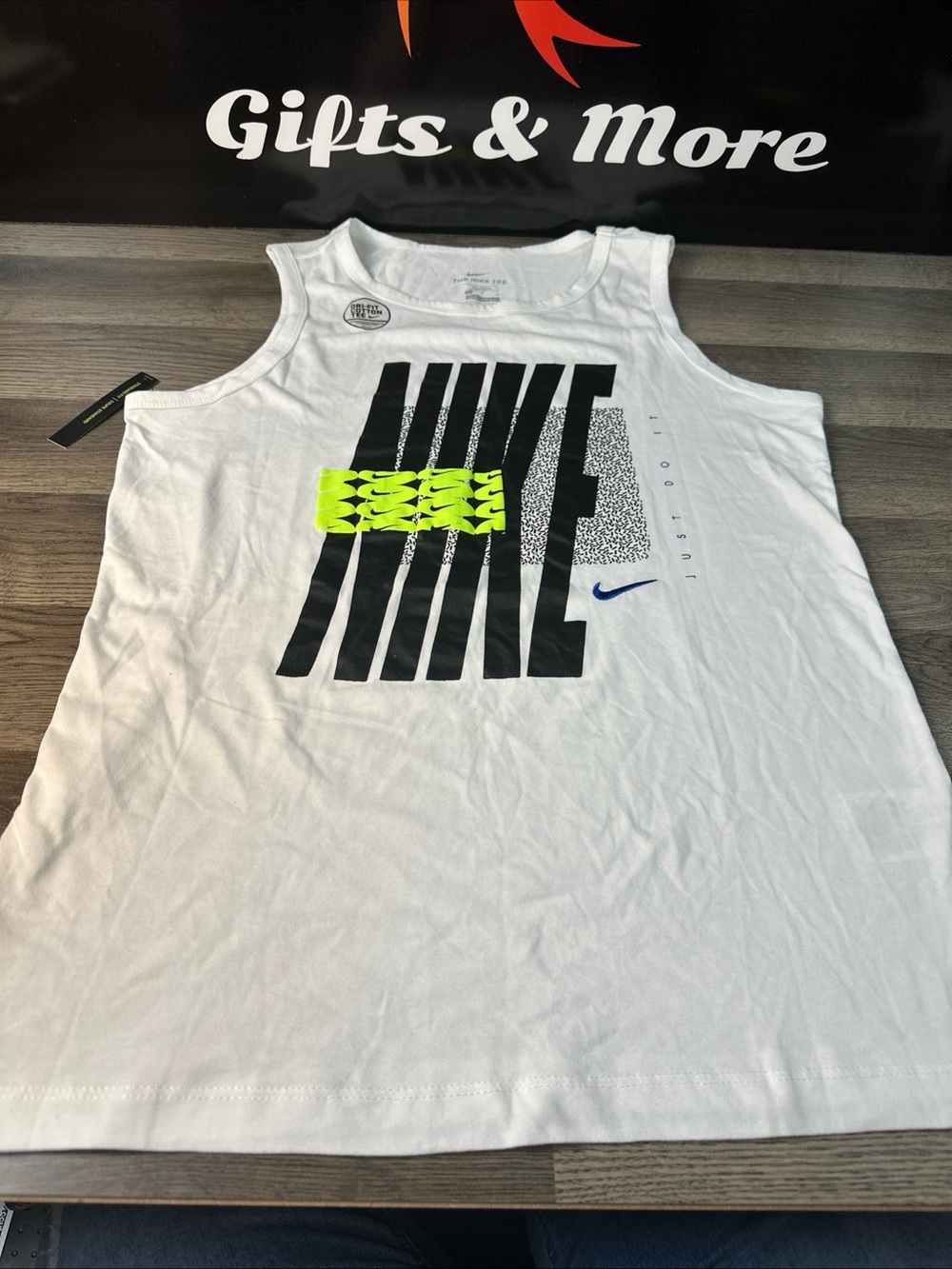 Nike White Tank with Black Graphic and Neon Yellow Accent